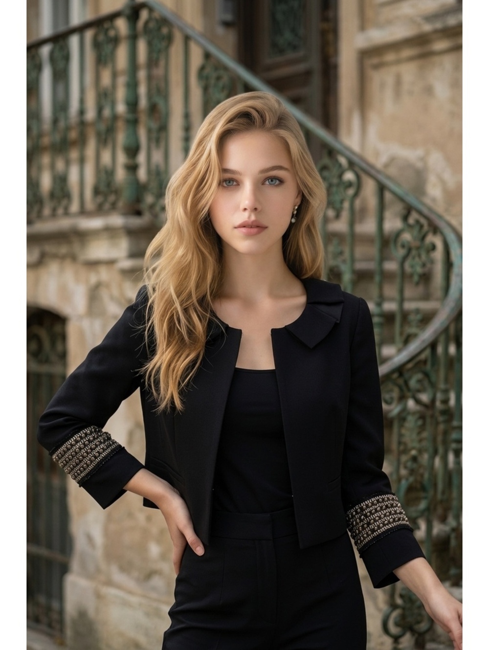 Aysha Saeed Black Cropped Jacket with Beaded Sleeve Detail, Size 2